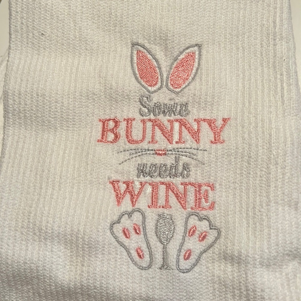 Embroidered Easter kitchen towel Some bunny needs wine